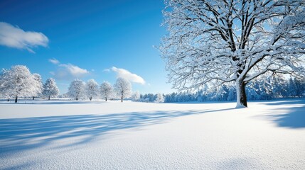 Christmas Background, Snowy winter landscape with clear blue sky and frosted trees.