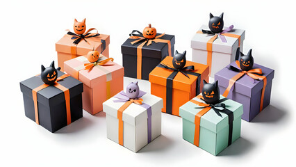 Halloween Gift Boxes: A vibrant collection of eight festive Halloween gift boxes, each adorned with unique and spooky designs.