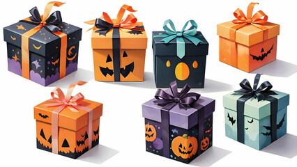 Halloween Gift Boxes: A vibrant collection of eight festive Halloween gift boxes, each adorned with unique and spooky designs.