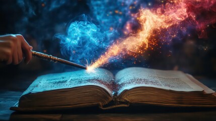 Wall Mural - a hand holding a magic wand, casting a spell over an open book, with blue and orange smoke.