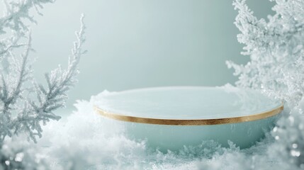 Poster - In a tranquil winter scene, a pale blue dish with a golden rim sits softly on a bed of snow.