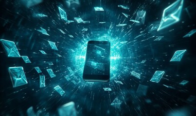 Mobile Email Security, A futuristic depiction of a mobile device surrounded by a force field of protective shields, representing secure email communication on mobile, Generative AI