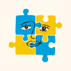 Wall Mural - abstract human face on puzzle pieces. jigsaw puzzle game with face. contemporary minimalistic elegan