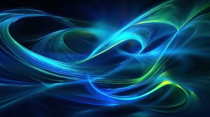 Wall Mural - abstract blue and green glowing lines swirl on a black background.