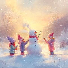 Children building a snowman in a snowy field, with pastel colors and a soft, serene background creating a peaceful holiday scene 