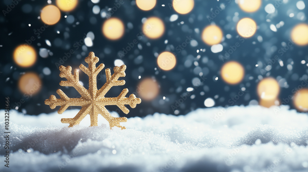 Elegant gold snowflake in a frosty winter scene A beautifully detailed gold snowflake sits atop a sparkling, frosted surface of snow, with soft, glowing lights twinkling in the bac