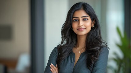 Portrait of a successful business leader indian woman Standing confidently with arms crossed and shows a happy face in the office lightly