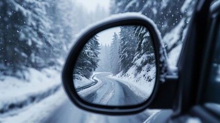 Leinwandbilder - The image shows the side view mirror of a car with a snowy road and forest visible through the reflection. Snow falls on the road and the trees, covering the forest in white.