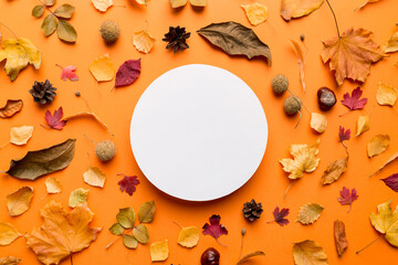 Wall Mural - autumn composition with round paper blank and dried leaves on table. flat lay, top view, copy space