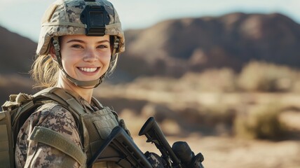 A smiling female soldier in full military gear stands confidently in a desert environment, holding a rifle and prepared for duty.