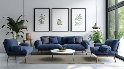 Elegant living room with blue sofas, green plants, and minimalist leaf art.