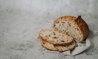 Traditional sourdough bread on a gray background	
