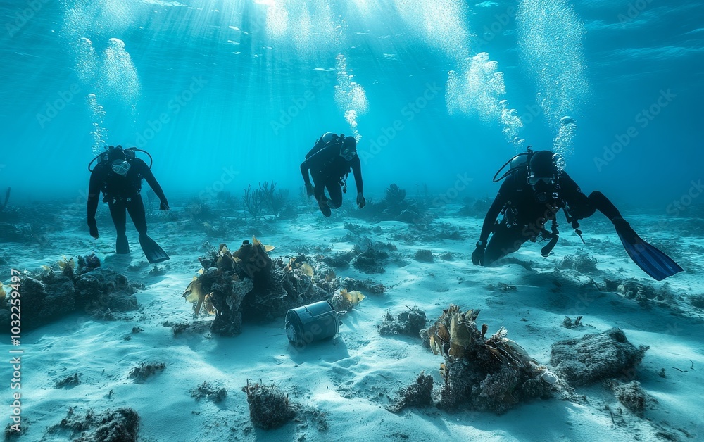 Group of scuba divers swimming over a coral reef in clear turquoise ...