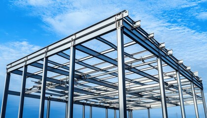 A steel framework of a building under construction against a blue sky, showcasing the structure's design and industrial purpose.