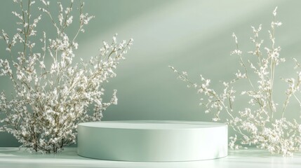 Aufkleber - A circular pedestal stands in a softly lit space, surrounded by delicate white flowers. The calm light green backdrop enhances the serene atmosphere, creating an inviting display.