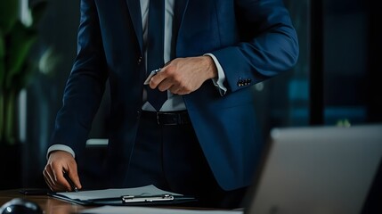 Canvas Print - A businessman in a blue suit stands at his desk with a pen in hand, ready to sign a document.