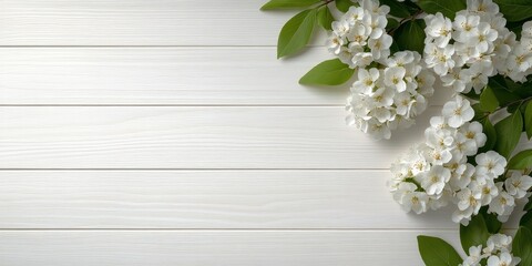 Wall Mural - White Blossoms on Light Wooden Background