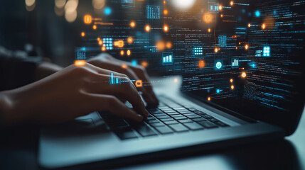 Hands typing on a laptop with glowing data visualizations and code displayed on the screen.