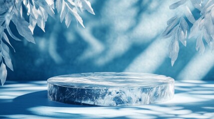 Poster - A round, blue marble pedestal sits in the middle of the frame. The background is a blurred, light blue color. White leaves hang from the top of the frame, casting shadows on the blue surface.