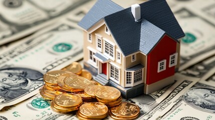 Aufkleber - A small model of a house is placed on a pile of dollar bills, with gold coins scattered around, symbolizing the financial aspects of real estate investments and market dynamics.