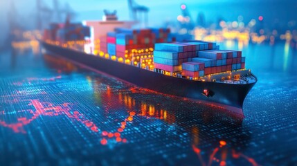 A large container ship carrying cargo at a port with glowing digital lines.