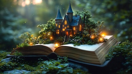 Wall Mural - open book with a fairytale castle popping up from the center with lush greenery glowing orbs and fan