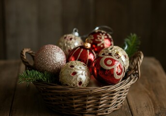 Wall Mural - red and gold christmas ornaments are nestled in a wicker basket with fir branches on a wooden table
