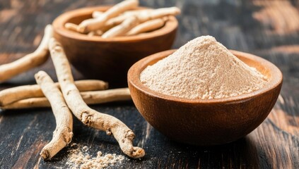 Organic ashwagandha powder in a wooden bowl with fresh roots and green leaves on a rustic wooden background. Also known as Indian Ginseng or Indian Winter cherry. 