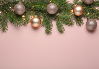 Christmas border made of fir branches, ornaments and lights on a pink background with copy space