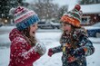 © Phoenix AI Photo - Two children playing joyfully in the snow, wearing colorful winter clothes.