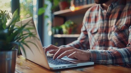 A focused website developer typing on a laptop at a modern office desk.