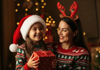 Mother and daughter smiling and exchanging christmas gifts at home