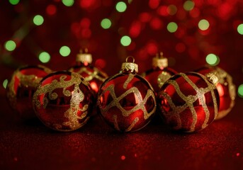Wall Mural - red and gold christmas ornaments sparkling on red glitter background with green lights out of focus 