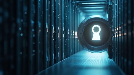 Poster - a glowing keyhole icon in a futuristic server room, symbolizing data security and access.