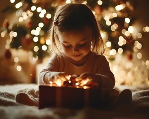 Wall Mural - Child joyfully opening a gift by a beautifully decorated Christmas tree.