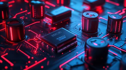 Wall Mural - close-up of a circuit board with glowing red and blue components.