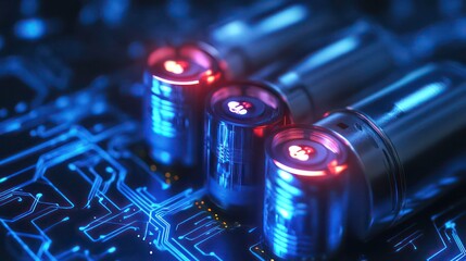 Wall Mural - close-up of glowing red and blue vacuum tubes on a circuit board.