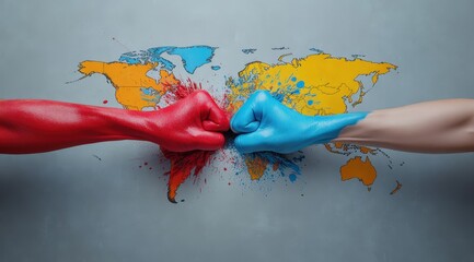 Dynamic image showcasing two fists in red and blue, symbolizing competition and collaboration against a colorful world map background, representing global dynamics.