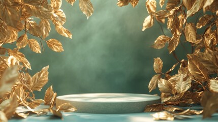 Fototapete - The environment showcases a round podium surrounded by glimmering golden leaves, bathed in soft, ambient light.