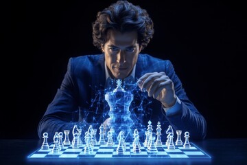 Futuristic businessman strategizing over a glowing chessboard, planning market dominance, focused on business growth and competitive strategy in a high-tech environment.