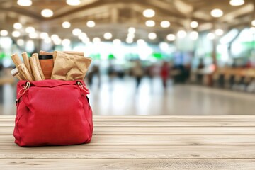 Stylish Red Bag with Various Items on a Wooden Table in a Busy Modern Environment Focusing on Lifestyle and Utility