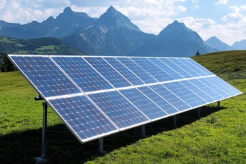 A solar panel array set against a backdrop of mountains and blue skies, promoting renewable energy and sustainability.