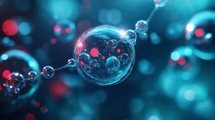 Wall Mural - abstract 3d render of connected bubbles with glowing highlights, blue and red color tones on a dark 