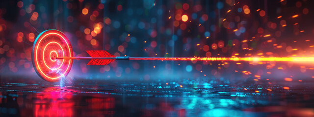 A glowing arrow pierces a circular target, glowing target, hitting targets, achieving goals, a sense of futuristic innovation. Dartboard, Business, digital technology