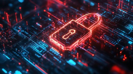 Poster - a glowing red padlock on a futuristic digital circuit board, symbolizing cybersecurity and data prot