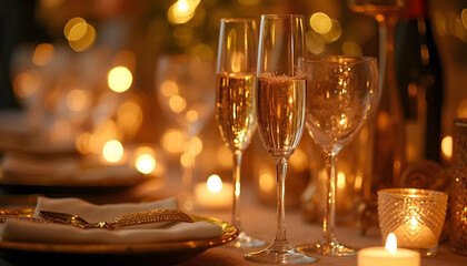 Elegant champagne glasses filled with sparkling drink are set on beautifully arranged table, surrounded by soft candlelight and warm bokeh, creating festive atmosphere