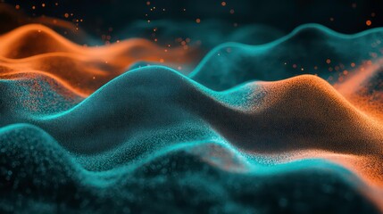 Wall Mural - abstract background with blue and orange waves and particles.