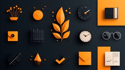 Aufkleber - Comprehensive set of thin line icons representing various productivity and efficiency elements including growth graphs time management tools and business analytics features