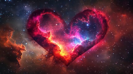 Wall Mural - a cosmic heart nebula glowing with red, orange, and blue hues against a starry night sky.