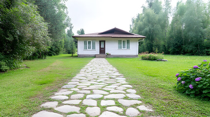 Wall Mural - A Rustic Soviet-Era Dacha Near a Stunning Stone Garden, Evoking Calmness and Relaxation in a Peaceful Landscape